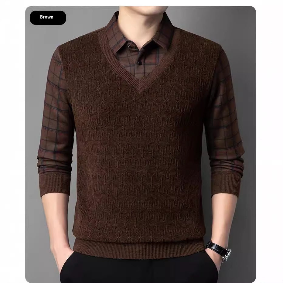 Men's Fleece-lined Thickened Knitting Sweater Bottoming Shirt