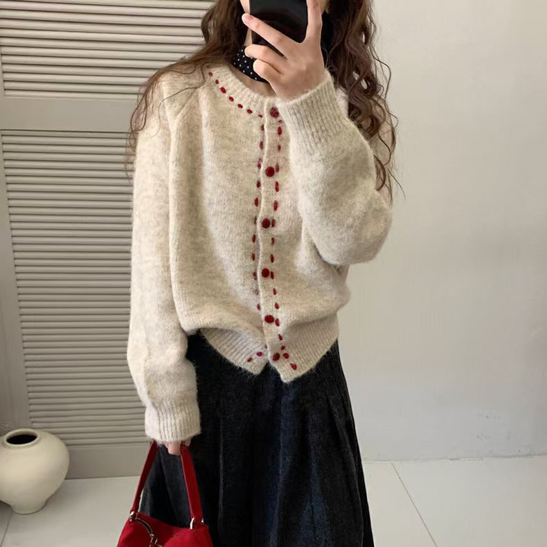 New Retro Soft Glutinous Handmade Stitching Round Neck Sweater Coat For Women
