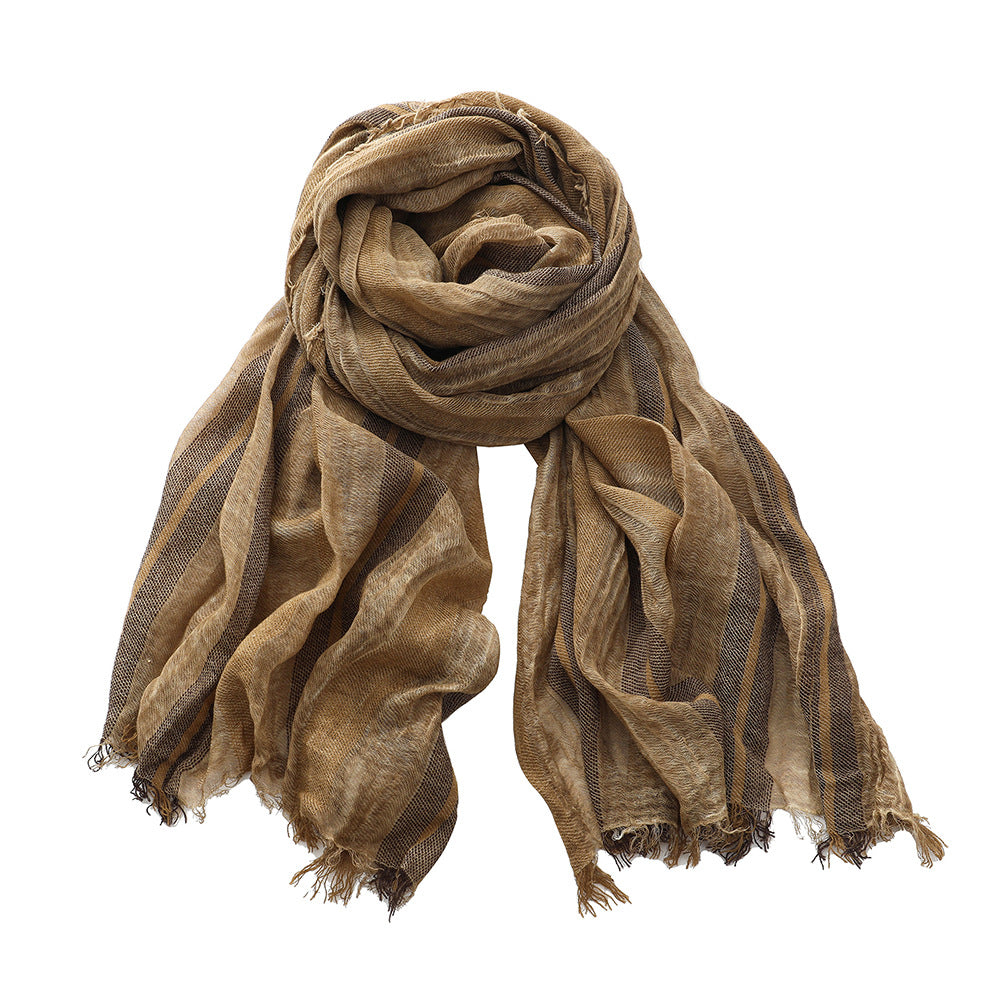 Retro Artistic Cotton And Linen Scarf Unisex Mixed Color Stripe Long