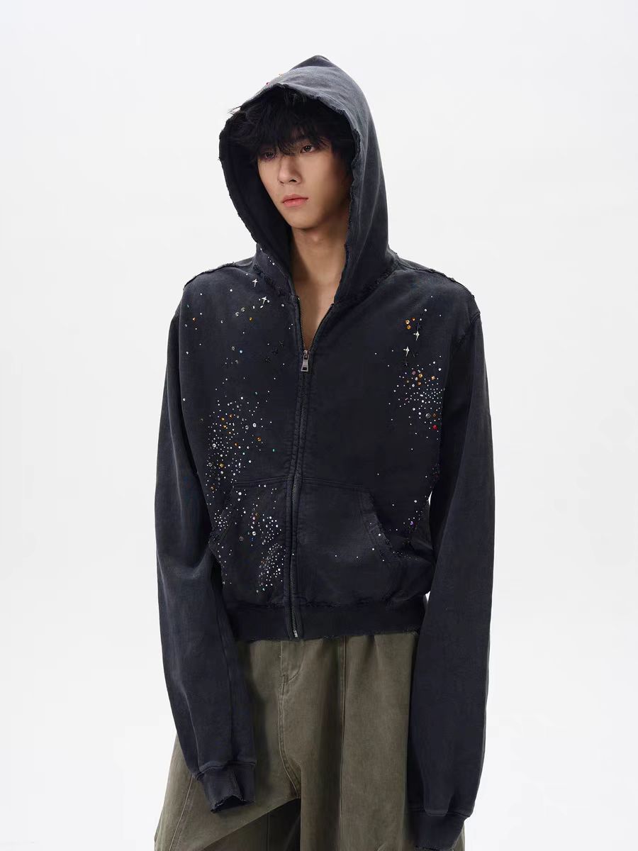 Men's Retro Rhinestone Zipper Hoodie Coat