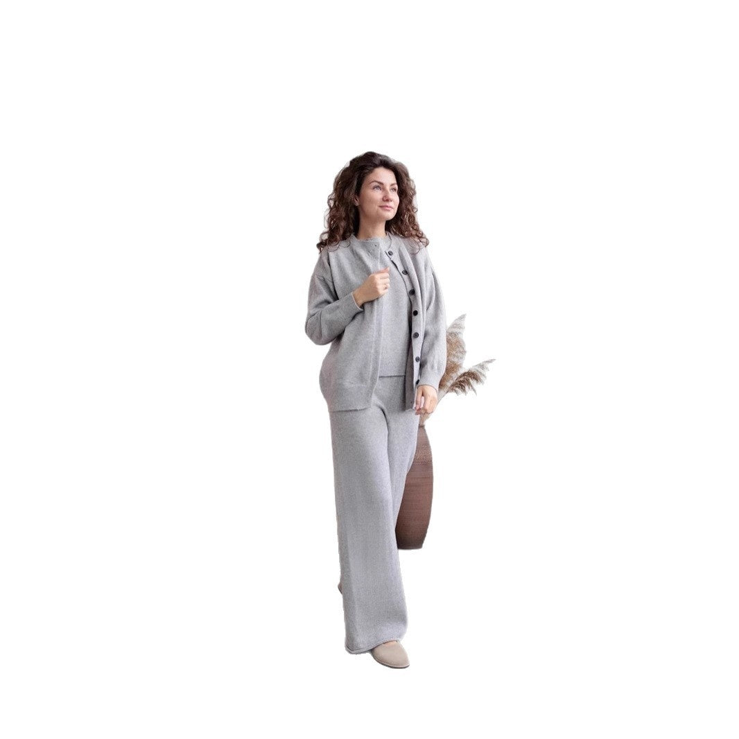 Women's Sweater Suit Round Neck Sweater Cardigan Knitted Vest Same Color Trousers