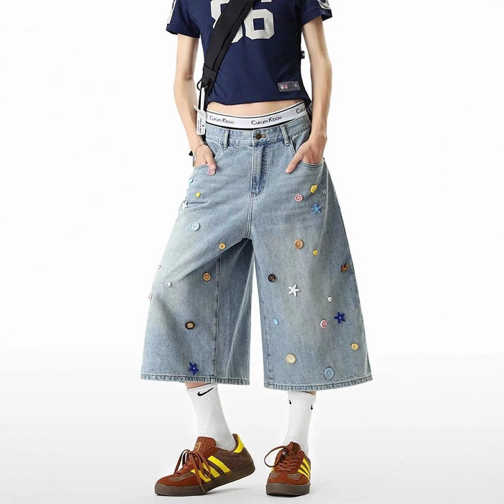Womens Retro Washed Light Blue Cropped Denim Jeans In American Style