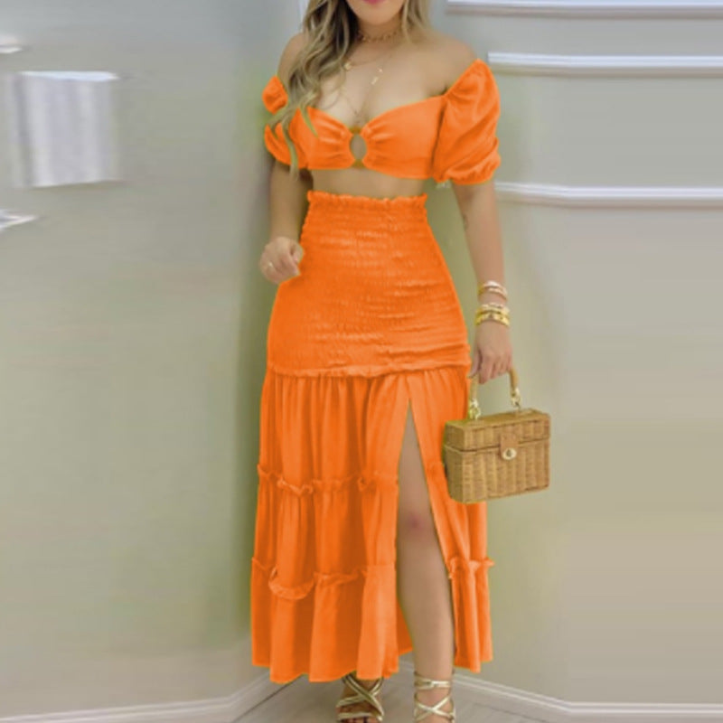 Women's Fashion Printed Split Skirt Two Piece Set