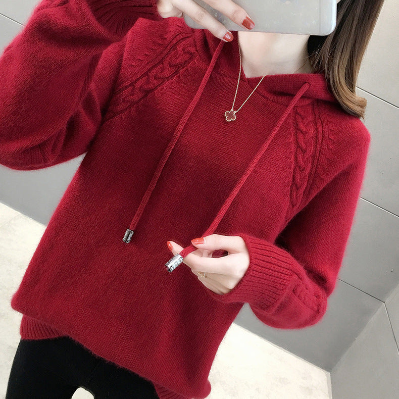 Women's Solid Color Loose Pullover Long Sleeve Hooded Knitted Sweater