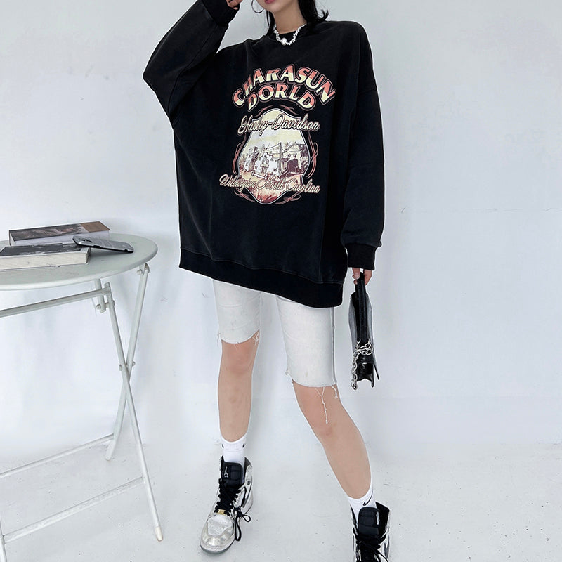 Retro Vasket Gammel Rundhalset Sweater Kvinde
