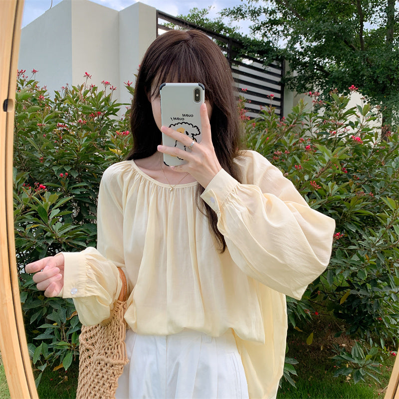Version Loose Long Sleeve Chiffon Shirt With Lace Up Front And Back