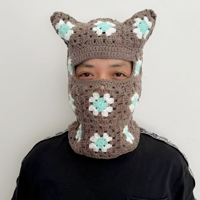 Handmade Mosaic Sleeve Cap Retro Hollow Ear Protection Scarf Integrated With Hat