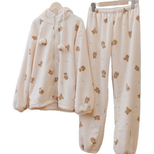 Lace Jacquard Sweet And Cute Coral Fleece Hooded Pajamas For Women