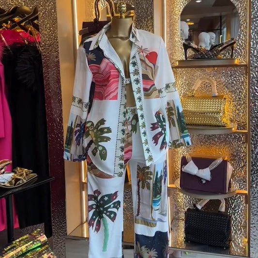 Printed Long-sleeve Shirt Bralette And Wide-leg Pants Three-piece Set
