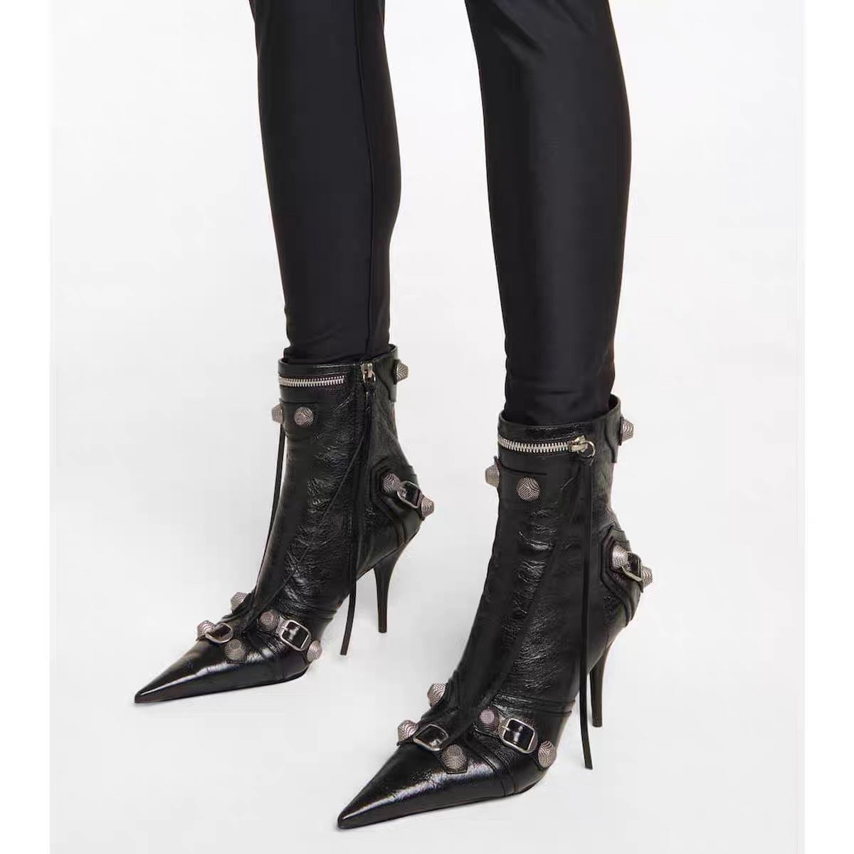 Pointed Toe Side Zipper Metal Stud Biker Booties