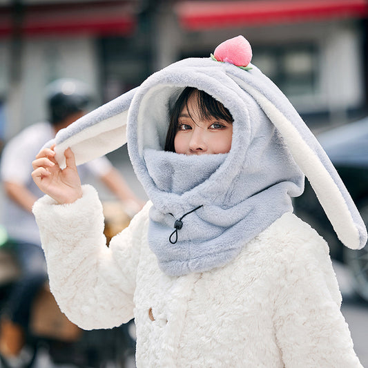 Winter Warm Peach Rabbit Mask Hat Scarf Integrated