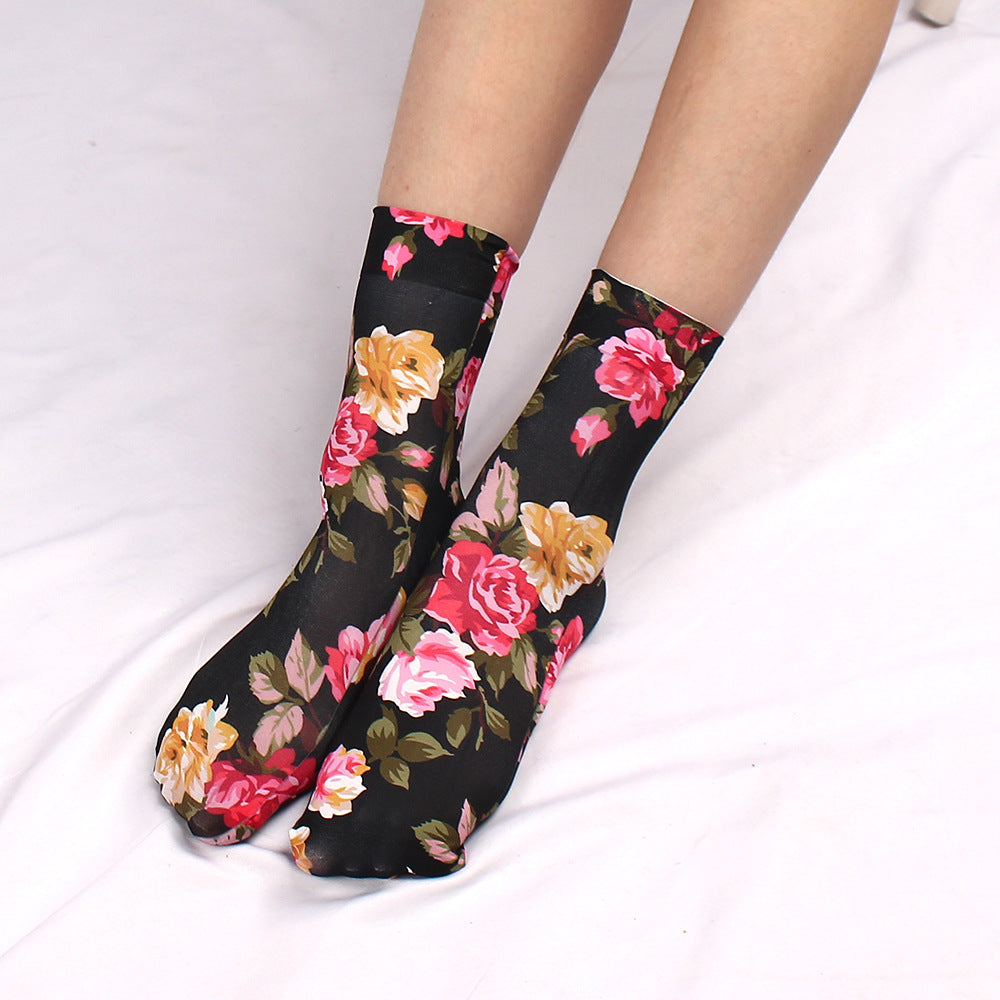 Leopardmønster Store Blomstertrykte Flerfarvede Sokker Sexet Piget Stil Sommer Åndbare Anti-løb