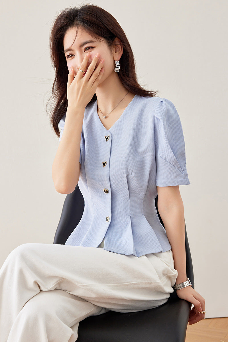 Lady Temperament V-neck Puff Short Sleeve Solid Color Slim Fit Slimming Shirt