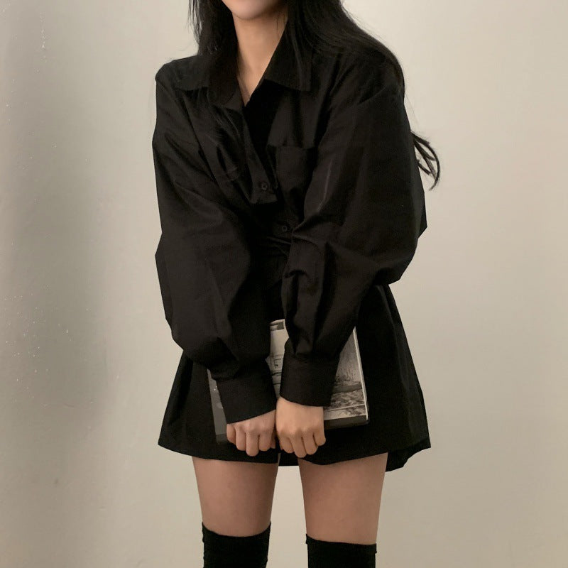 Womens Minimalist Solid-color Loose-fitting Belted Shirt Dress