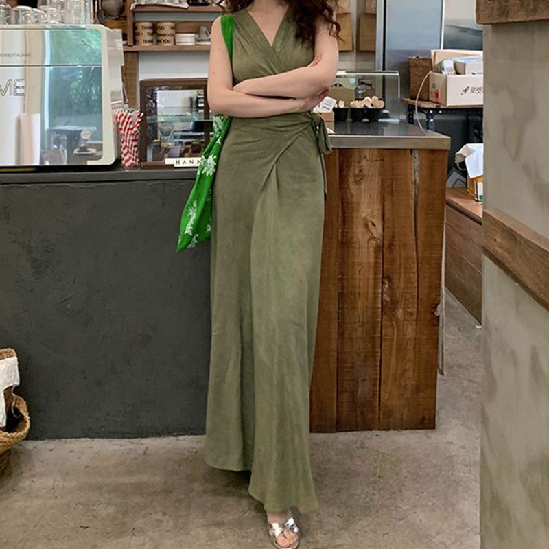 Overlap Neck Wrap Style Sleeveless Dress With A Soft Flowing Drape