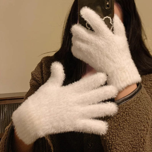 Winter Thickened Simulated Rabbit Fur Gloves Warm Mink Fur Riding Plain Five-finger Outdoor Skiing Cold-proof Gloves