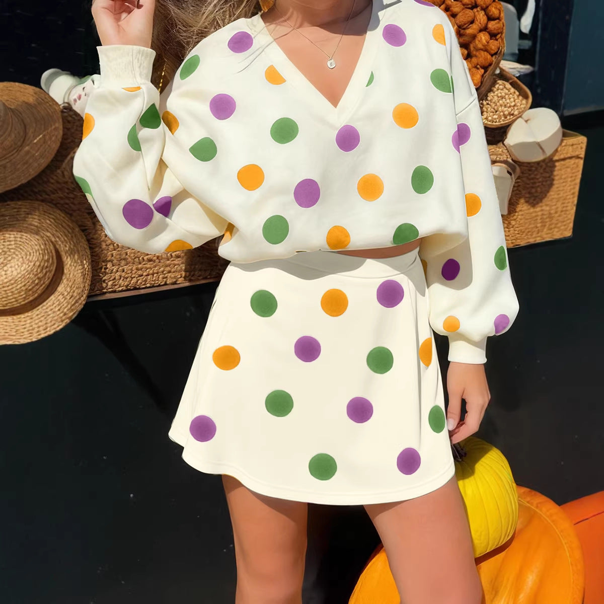 Womens European And American-style Chic Casual Set With A Polka-dot Print