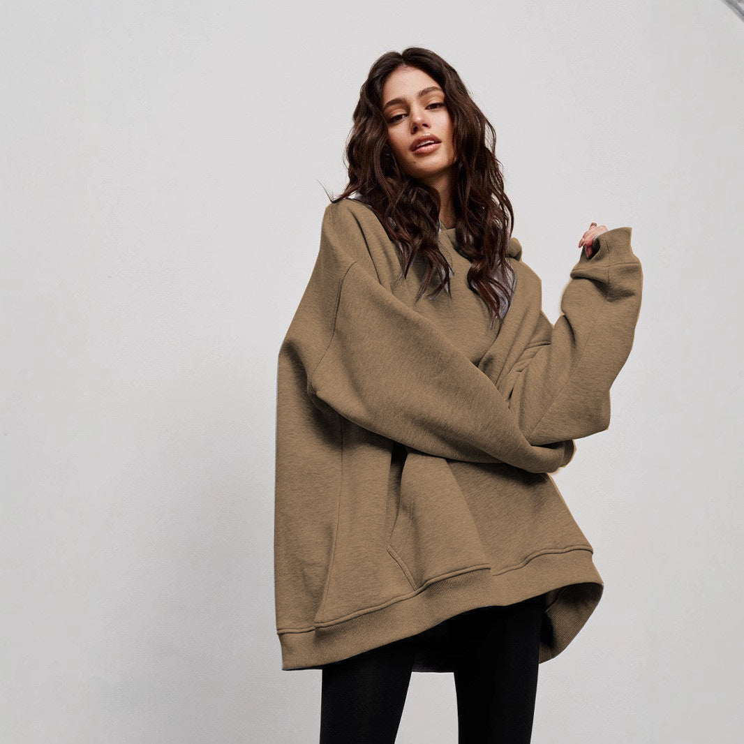 Women's Fleece-lined Bathroom Solid Color Clothing Word Kangaroo Pocket Drawstring Hoodie