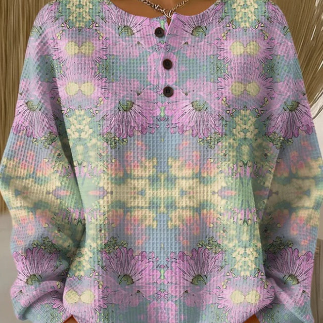 Sweatshirt-top til kvinder med tryk, tre knapper og opretstående krave