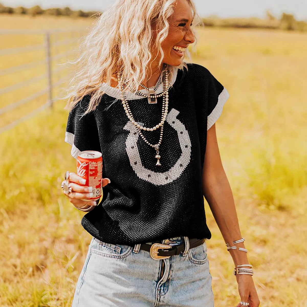 Womens Crew-neck Knitted Short-sleeve Pullover Top