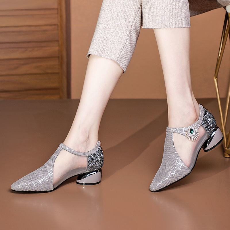 Summer New Thick Heel Pointed Mesh Rhinestone High Heels