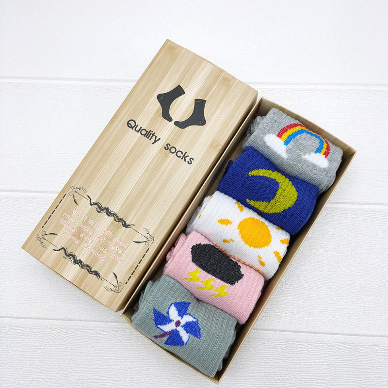 Of Gift Box Socks Women's Polyester Cotton Mid-calf Socks   5 Pairs