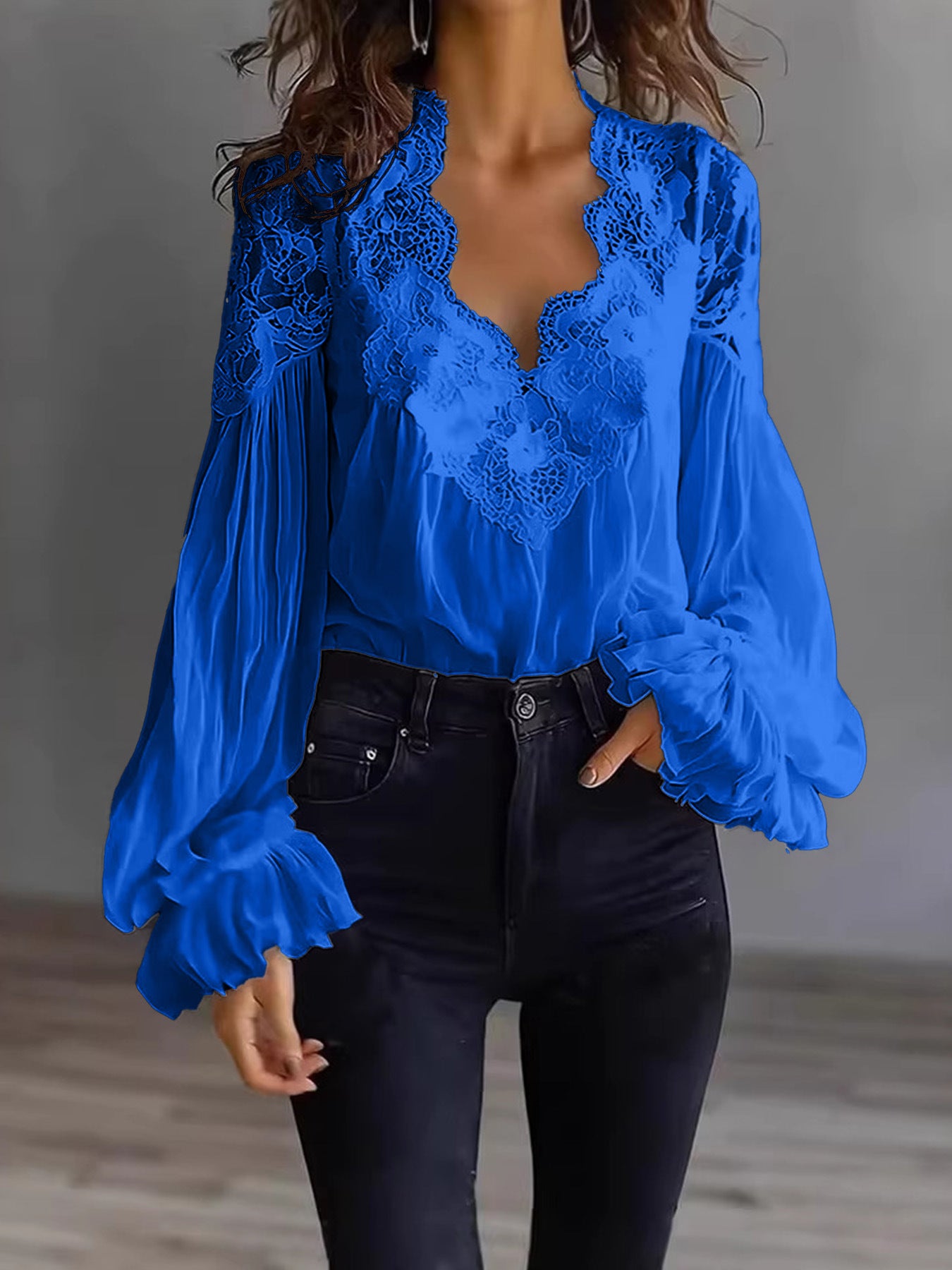 Lace-panelled Ruffled Puff-sleeve Pleated Shirt
