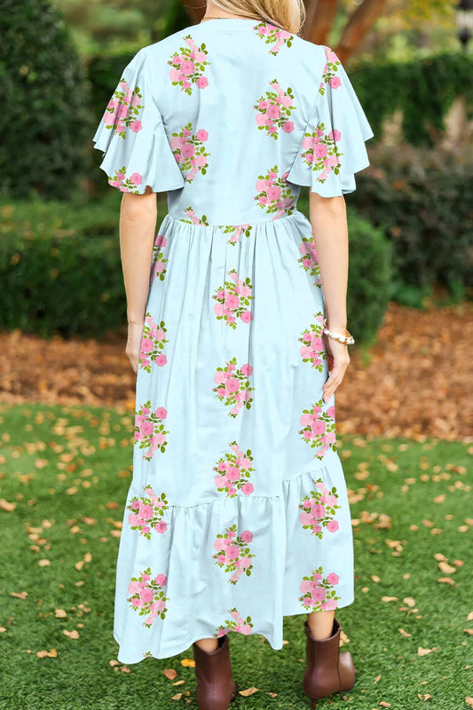 Blue Floral-print Buttoned-cuff Three-quarter-sleeve Crew-neck Shirt