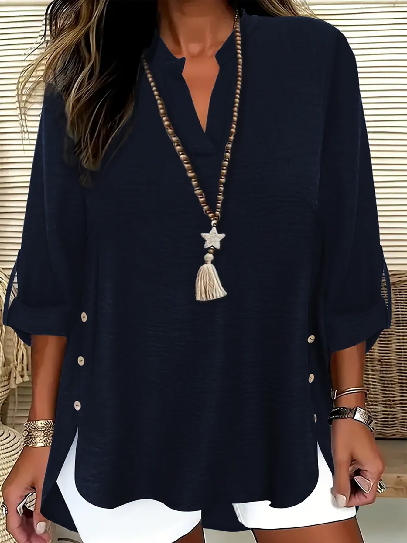 Plus-size Solid-color V-neck Top Springautumn Long-sleeve Relaxed-fit Button-up Elegant Shirt