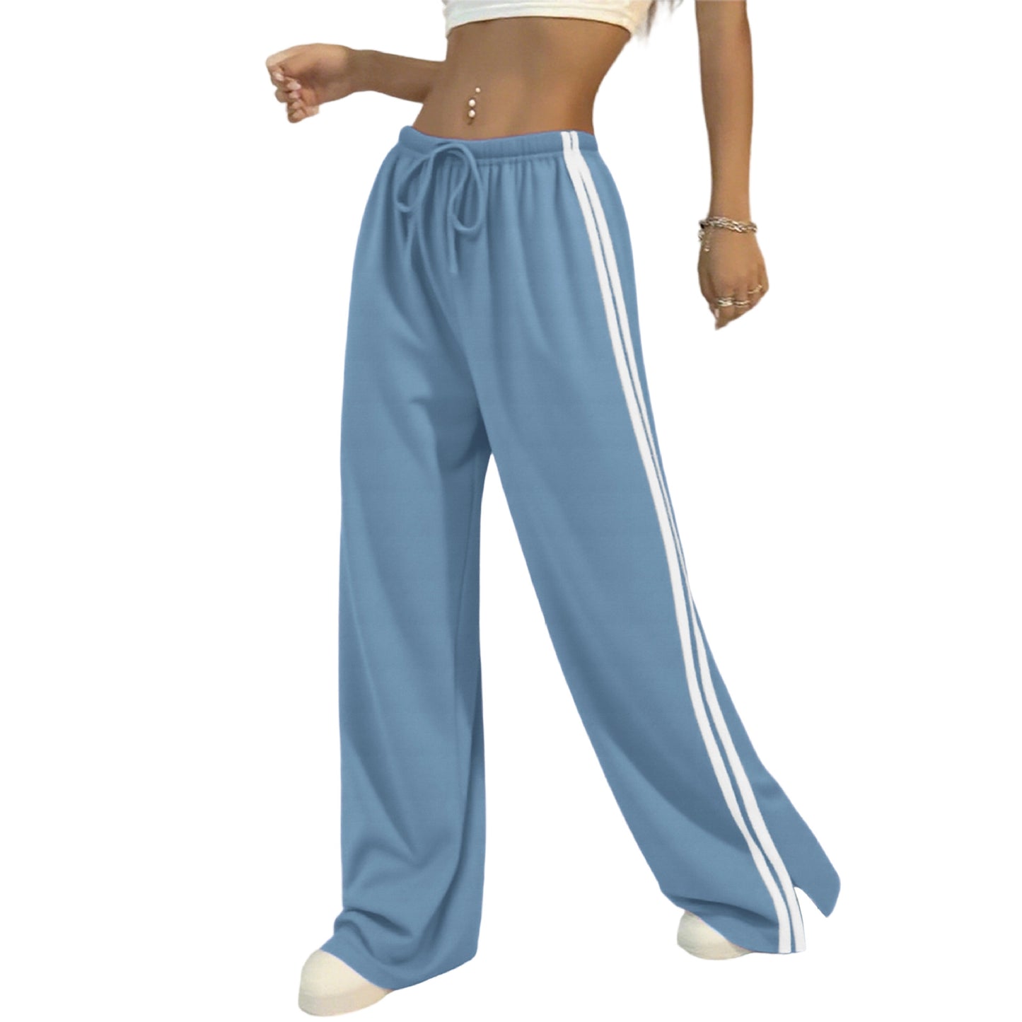 Womens Striped Slit-Edge Wide Leg Casual Pants