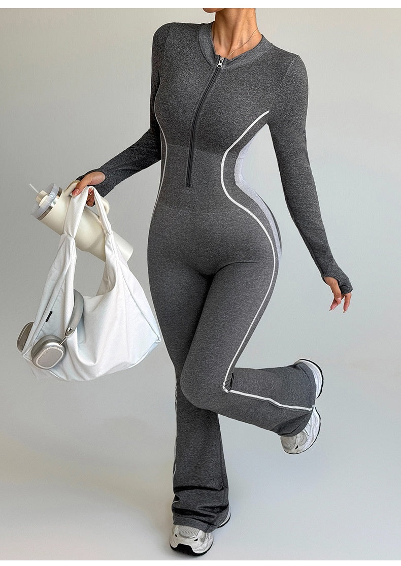 Frosted Contrasting Color Zipper Stand Up Collar Yoga Outdoor Sports Bootcut Jumpsuit With Butt Lifting Design