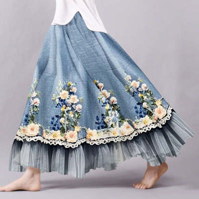 Vintage Floral Lace Patchwork Art Flowy Midi Skirt