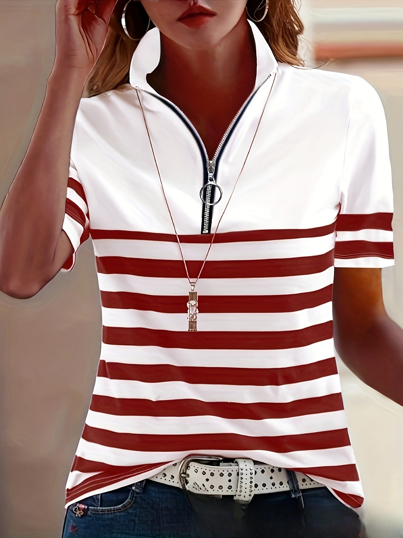 POLO Collar Striped Women's Short-sleeved Lapel Zipper Top T-shirt