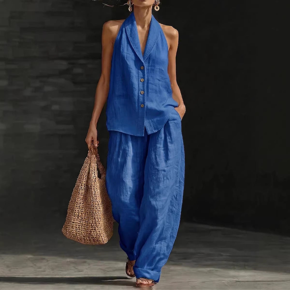 Wide-leg Pants Suit Womens Cotton-linen Fashionable Two-piece Set
