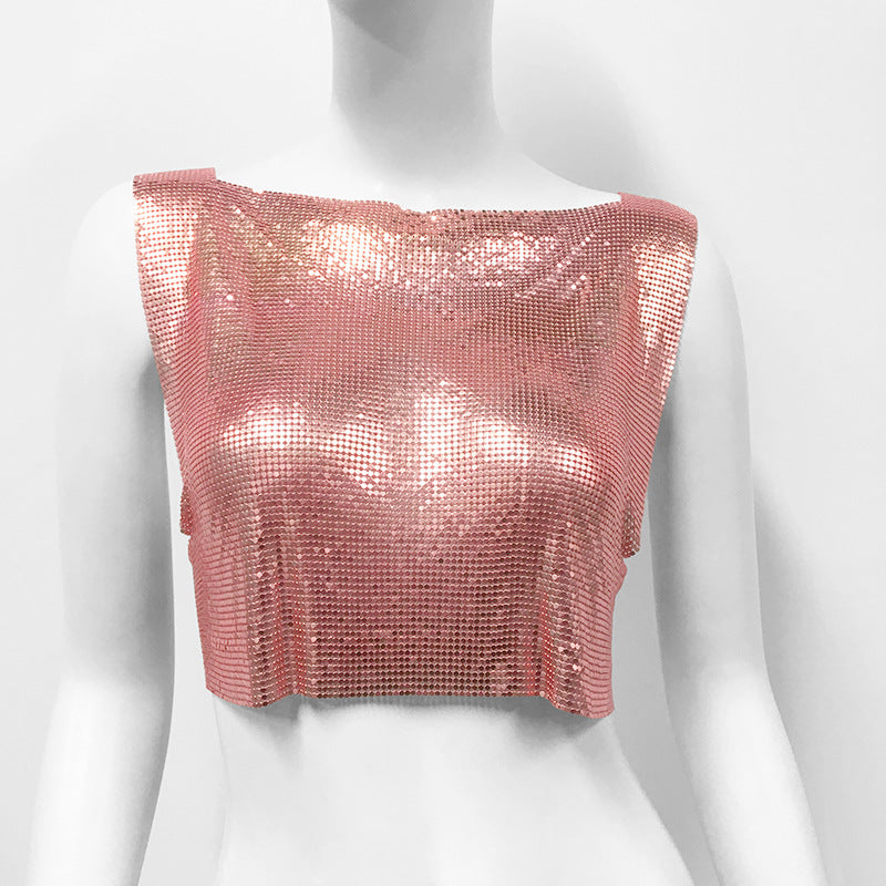 Summer Fashion Womens Metallic Halterneck T-shirt From Europe And The US