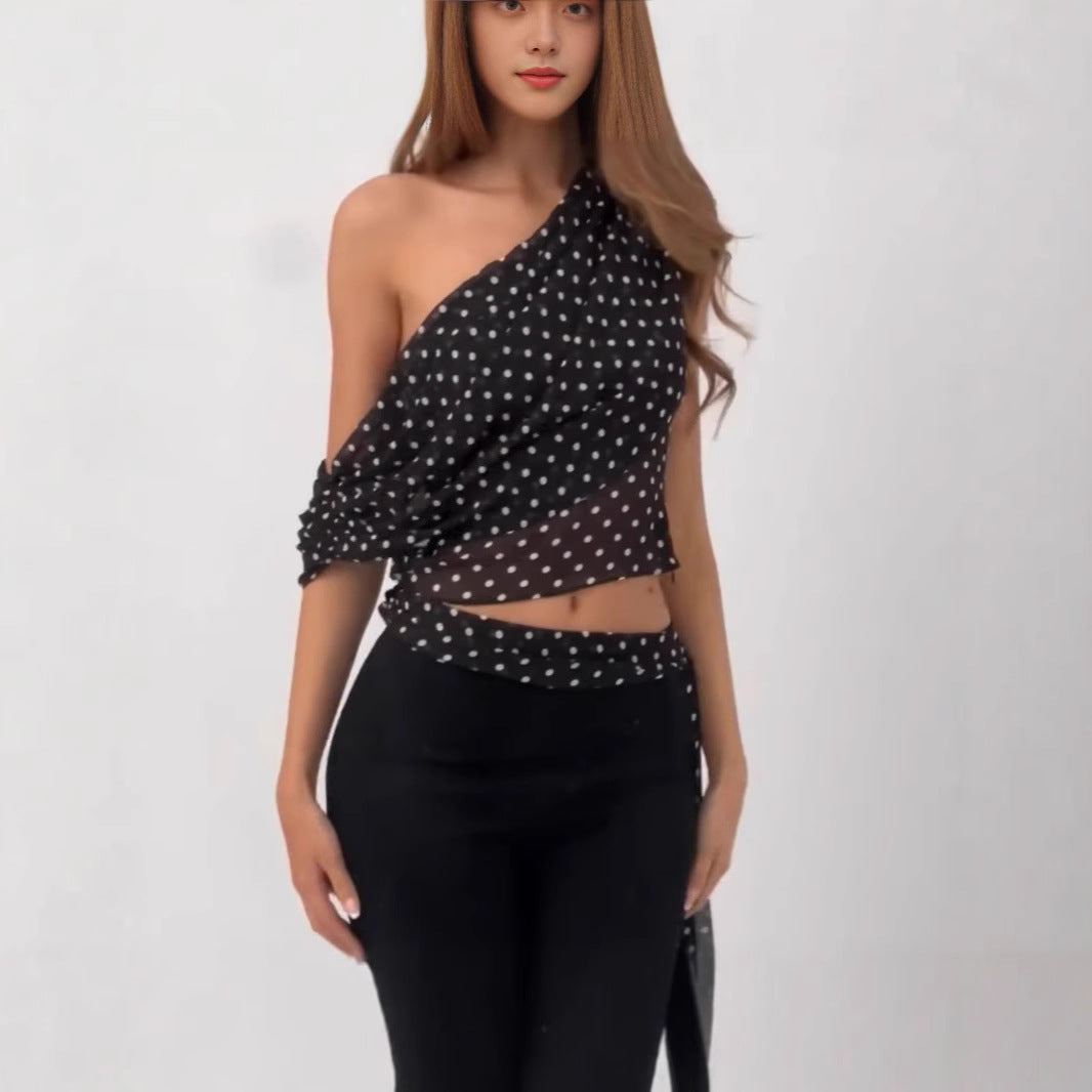 Sexy Off-Shoulder Polka-Dot Chiffon Sheer Irregular Tank Top