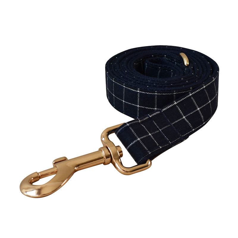 Navy Blue Plaid Gold Button Dog Collar Alloy Buckle