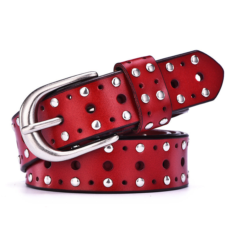 Women's Real Cowhide Trousers Belt With Punk Rivets European And American Style