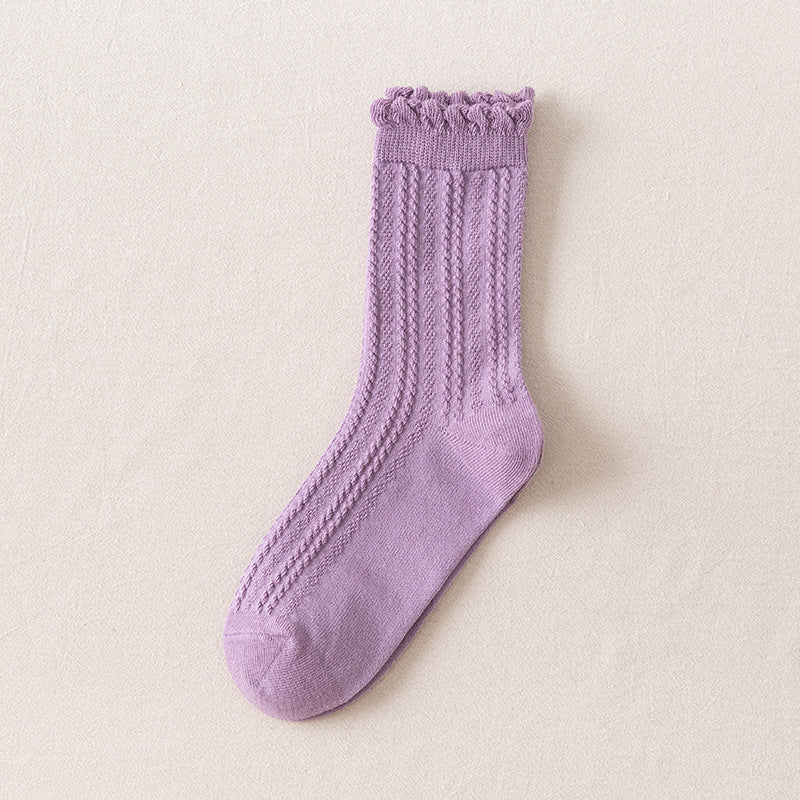 Autumn Japanese Solid Color Ins Lace Bubble Cotton Breathable Mid-calf Socks