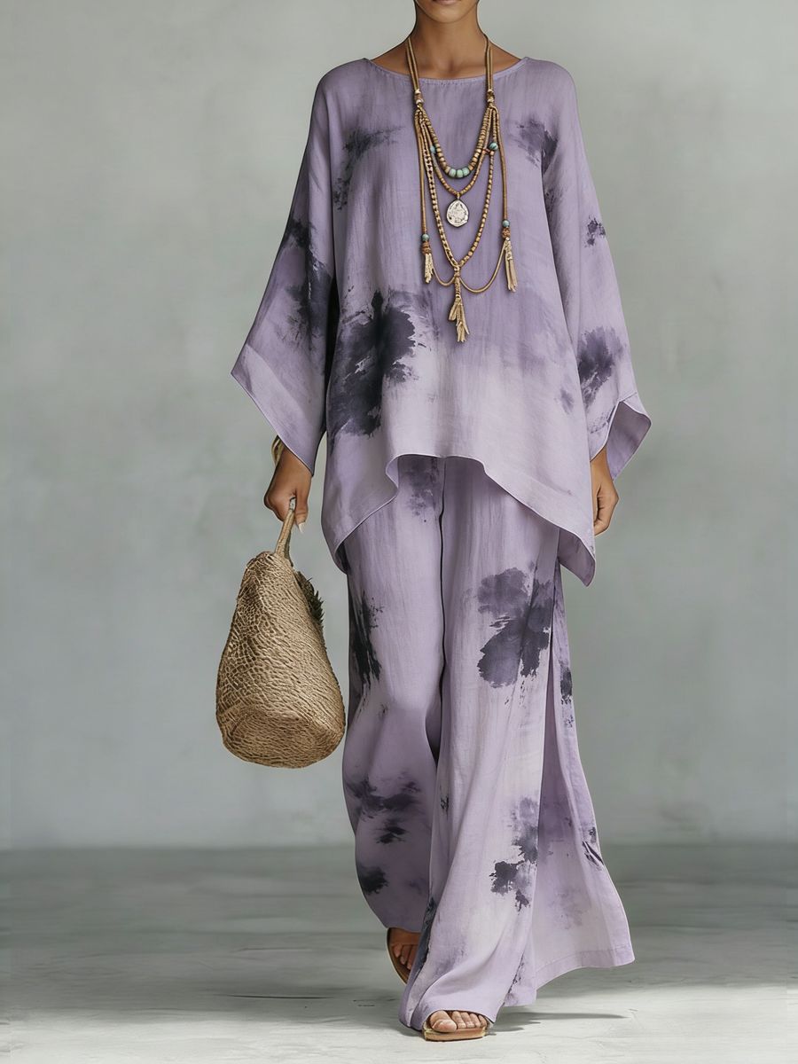Women's Floral Print Linen Wide-Leg Two-Piece Set
