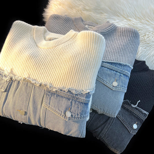 Denim Splicing Knitwear Male Early Autumn Sweater