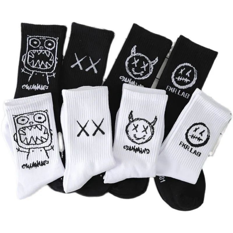 Emoji-filled Cotton Black-and-white Instagram-style Cartoon Hip-hop Quirky Long Socks For Couples