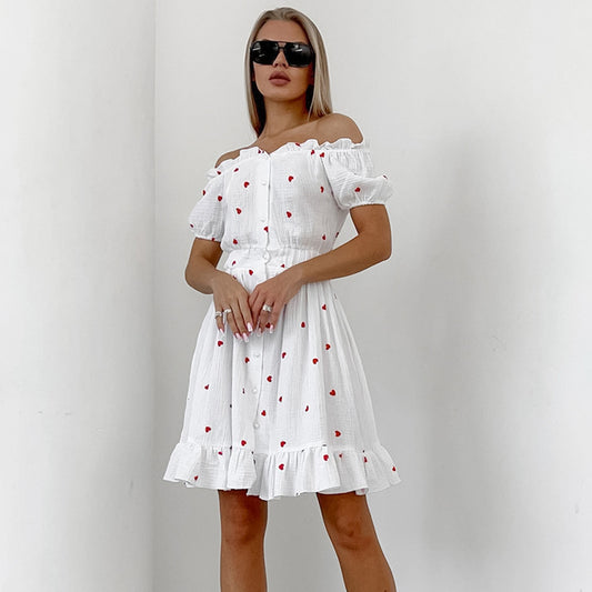 Off-shoulder Heart-print Floral Cardigan With Ruffled Hem Pure Cotton Womens Loungewear Nightgown