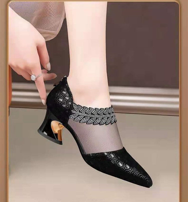 Leather Block Heel Hollow Breathable Roman Baotou Mesh Sandals