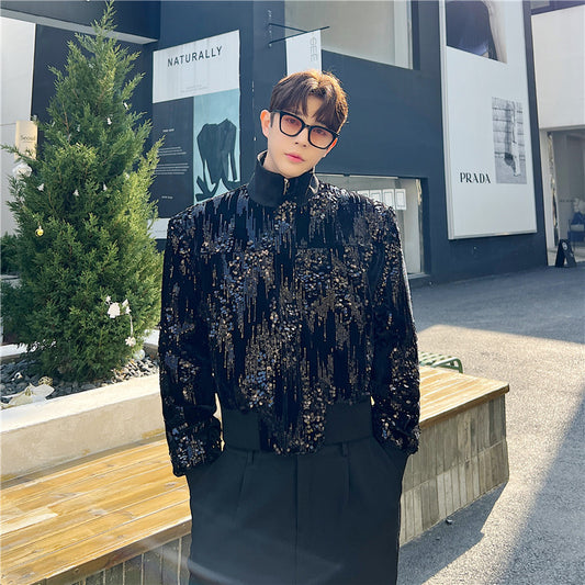 Fried Street Glitter Sequin Jacquard Small Stand-up Collar Jacket For Men