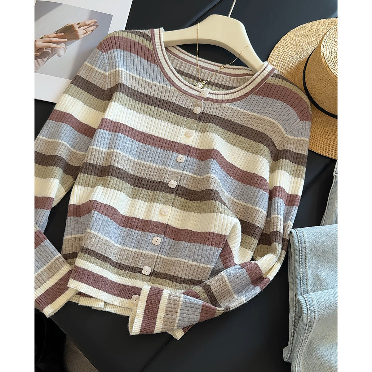 Women's Long-sleeved Striped Knit Sweater Thin Fitted Base Sweater