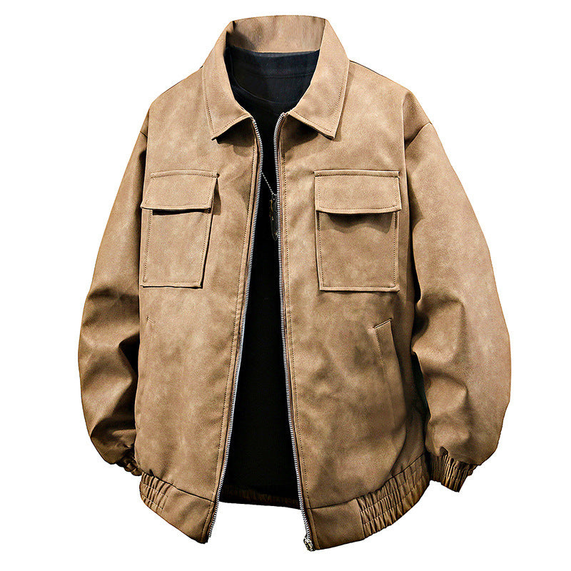 Stereo American Retro Hip Hop PU Leather Polo Collar Jacket