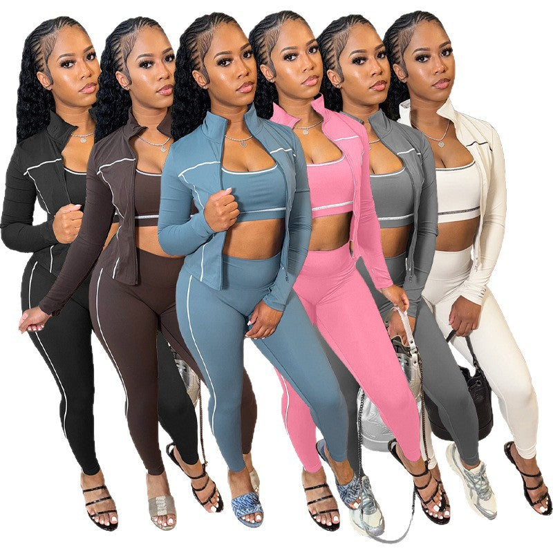 Fashion Women's Wear I-shaped Vest Long-sleeve Zipper Trousers 3-piece Suit
