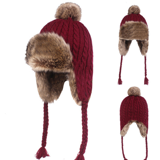 Ladies Rabbit Hair Ball Thread Hat Thickened Windproof Ear Protection