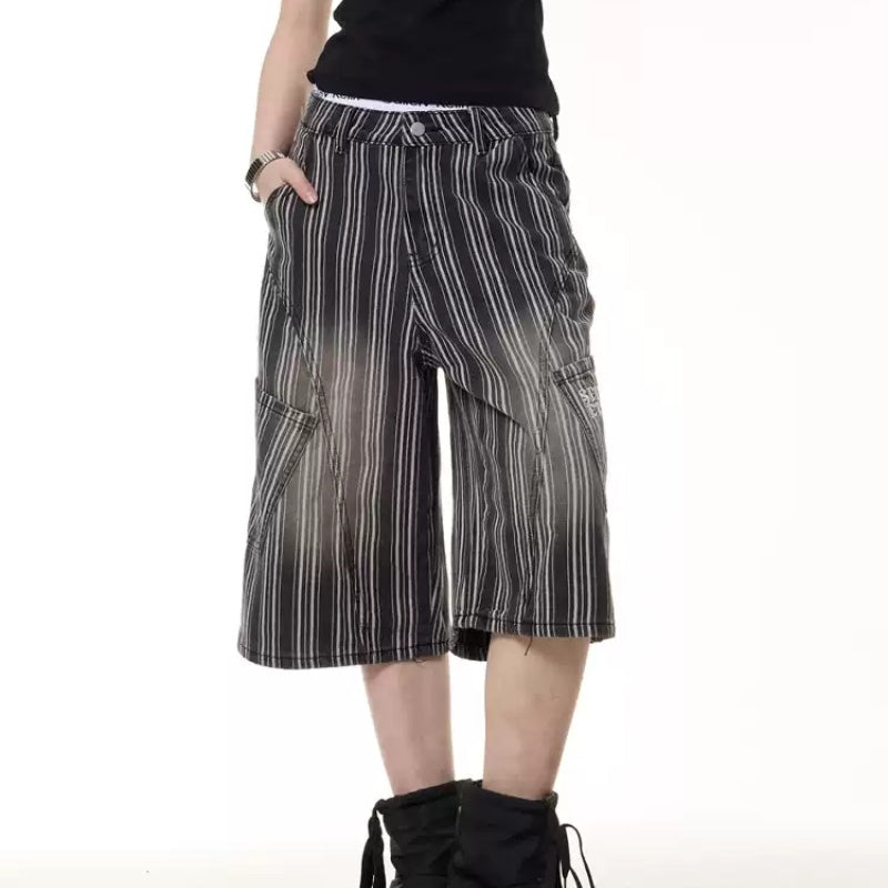Retro Distressed Striped Cropped Trousers Women's Wide Leg